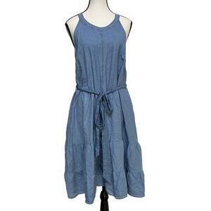 Torrid Womens Blue Denim Tiered Midi Sundress with Belt Plus Size 1 Coastal Boho